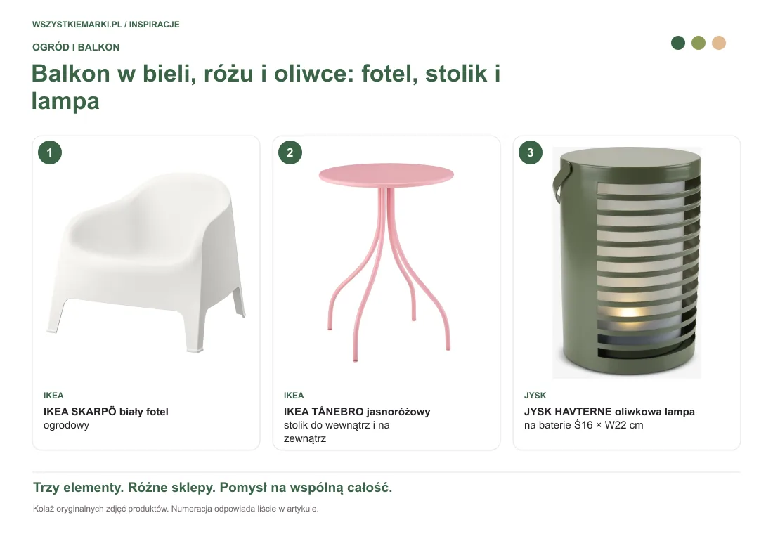 Kolaż oryginalnych zdjęć: IKEA SKARPÖ biały fotel ogrodowy z IKEA; IKEA TÅNEBRO jasnoróżowy stolik do wewnątrz i na zewnątrz z IKEA; JYSK HAVTERNE oliwkowa lampa na baterie Ś16 × W22 cm z JYSK.