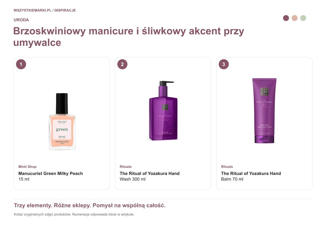 Kolaż oryginalnych zdjęć: Manucurist Green Milky Peach 15 ml z Minti Shop; The Ritual of Yozakura Hand Wash 300 ml z Rituals; The Ritual of Yozakura Hand Balm 70 ml z Rituals.