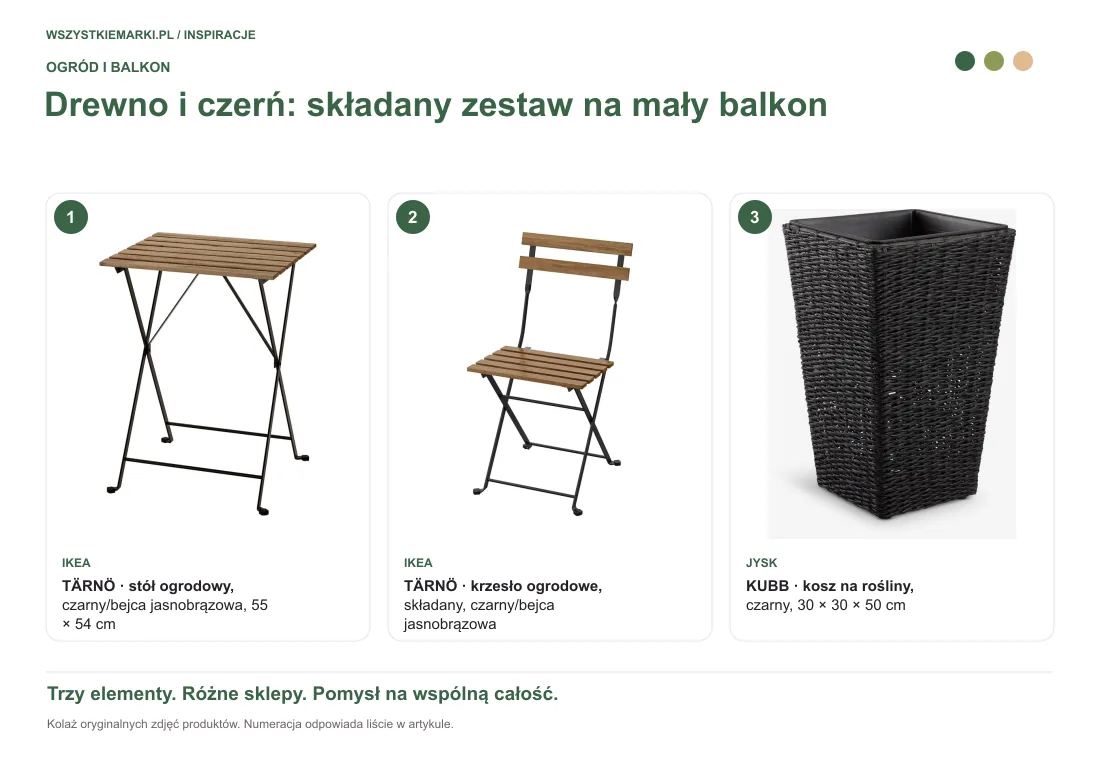 Kolaż oryginalnych zdjęć: TÄRNÖ — stół ogrodowy, czarny/bejca jasnobrązowa, 55 × 54 cm z IKEA; TÄRNÖ — krzesło ogrodowe, składany, czarny/bejca jasnobrązowa z IKEA; KUBB — kosz na rośliny, czarny, 30 × 30 × 50 cm z JYSK.
