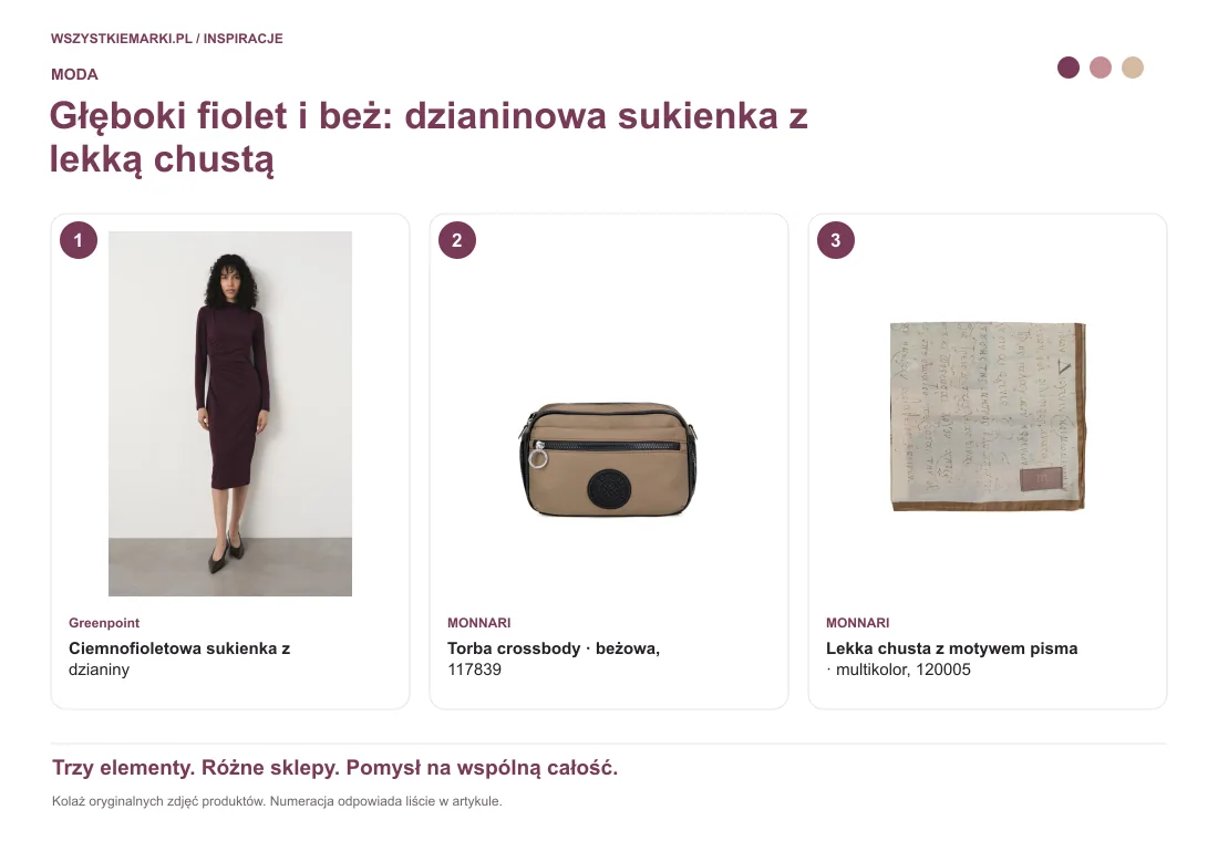 Kolaż oryginalnych zdjęć: Ciemnofioletowa sukienka z dzianiny z Greenpoint; Torba crossbody — beżowa, 117839 z MONNARI; Lekka chusta z motywem pisma — multikolor, 120005 z MONNARI.
