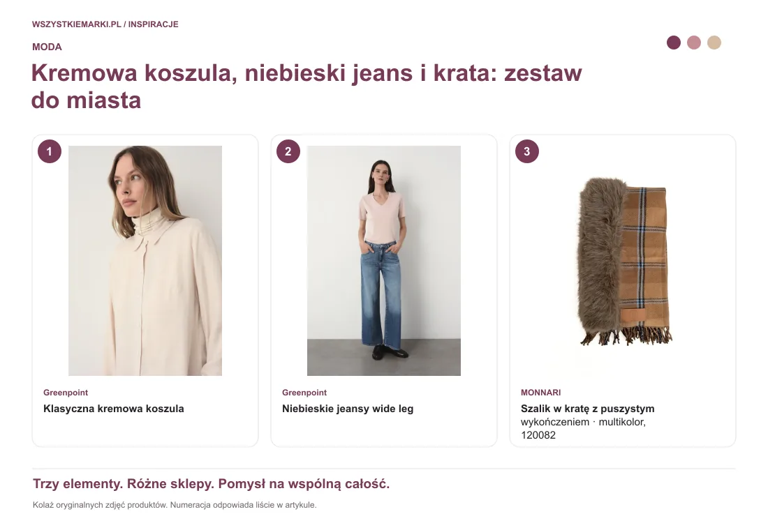 Kolaż oryginalnych zdjęć: Klasyczna kremowa koszula z Greenpoint; Niebieskie jeansy wide leg z Greenpoint; Szalik w kratę z puszystym wykończeniem — multikolor, 120082 z MONNARI.
