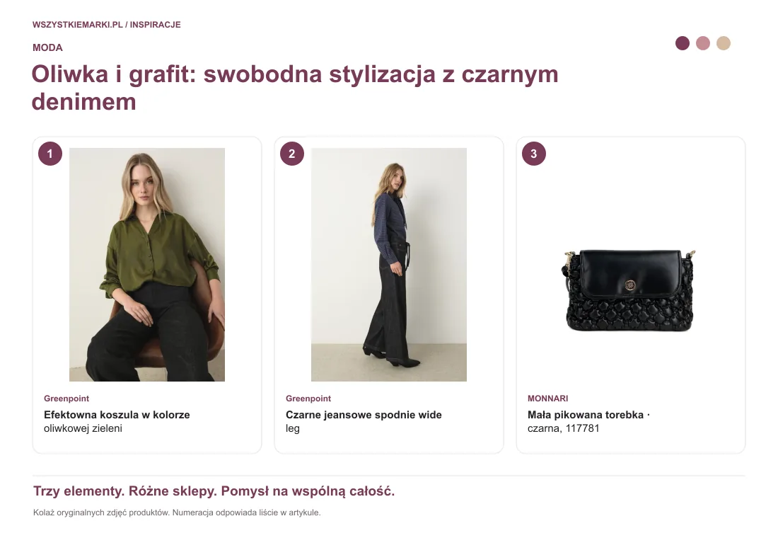Kolaż oryginalnych zdjęć: Efektowna koszula w kolorze oliwkowej zieleni z Greenpoint; Czarne jeansowe spodnie wide leg z Greenpoint; Mała pikowana torebka — czarna, 117781 z MONNARI.