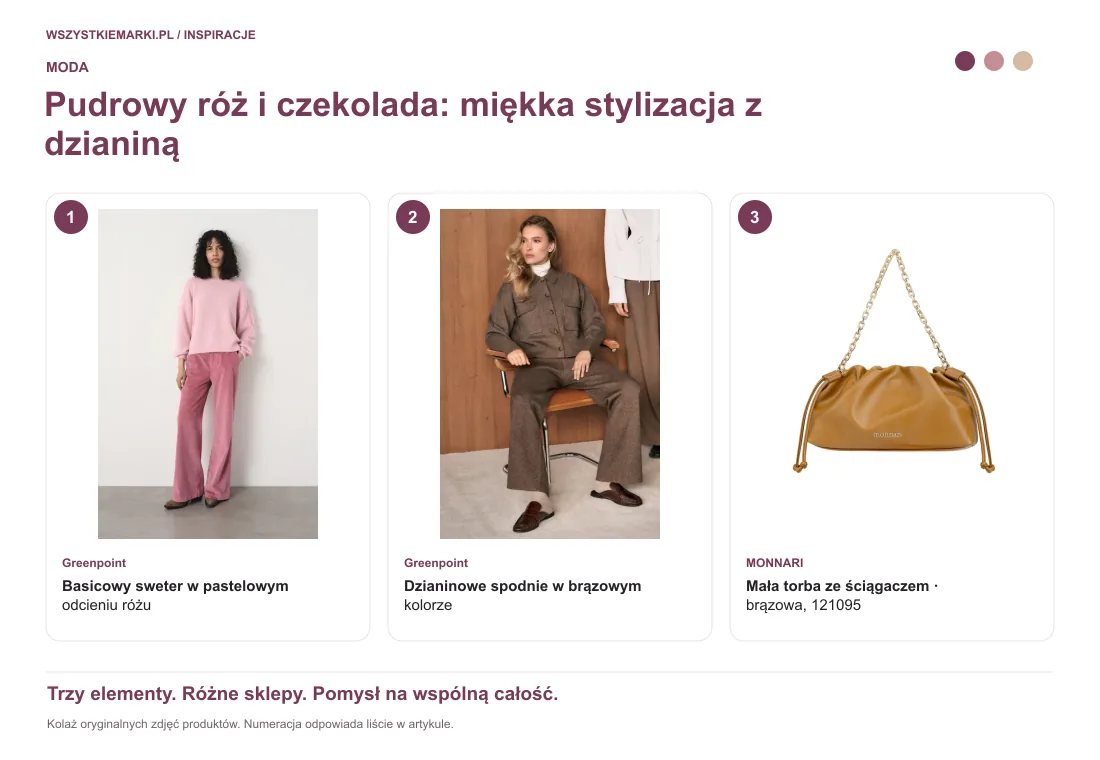 Kolaż oryginalnych zdjęć: Basicowy sweter w pastelowym odcieniu różu z Greenpoint; Dzianinowe spodnie w brązowym kolorze z Greenpoint; Mała torba ze ściągaczem — brązowa, 121095 z MONNARI.