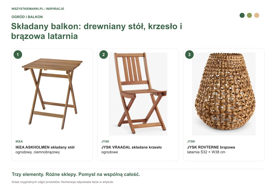 Kolaż oryginalnych zdjęć: IKEA ASKHOLMEN składany stół ogrodowy, ciemnobrązowy z IKEA; JYSK VRAADAL składane krzesło ogrodowe z JYSK; JYSK ROVTERNE brązowa latarnia Ś32 × W38 cm z JYSK.