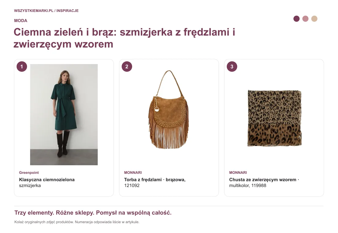 Kolaż oryginalnych zdjęć: Klasyczna ciemnozielona szmizjerka z Greenpoint; Torba z frędzlami — brązowa, 121092 z MONNARI; Chusta ze zwierzęcym wzorem — multikolor, 119988 z MONNARI.