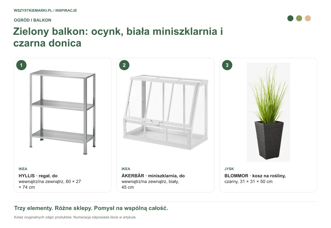 Kolaż oryginalnych zdjęć: HYLLIS — regał, do wewnątrz/na zewnątrz, 60 × 27 × 74 cm z IKEA; ÅKERBÄR — miniszklarnia, do wewnątrz/na zewnątrz, biały, 45 cm z IKEA; BLOMMOR — kosz na rośliny, czarny, 31 × 31 × 50 cm z JYSK.