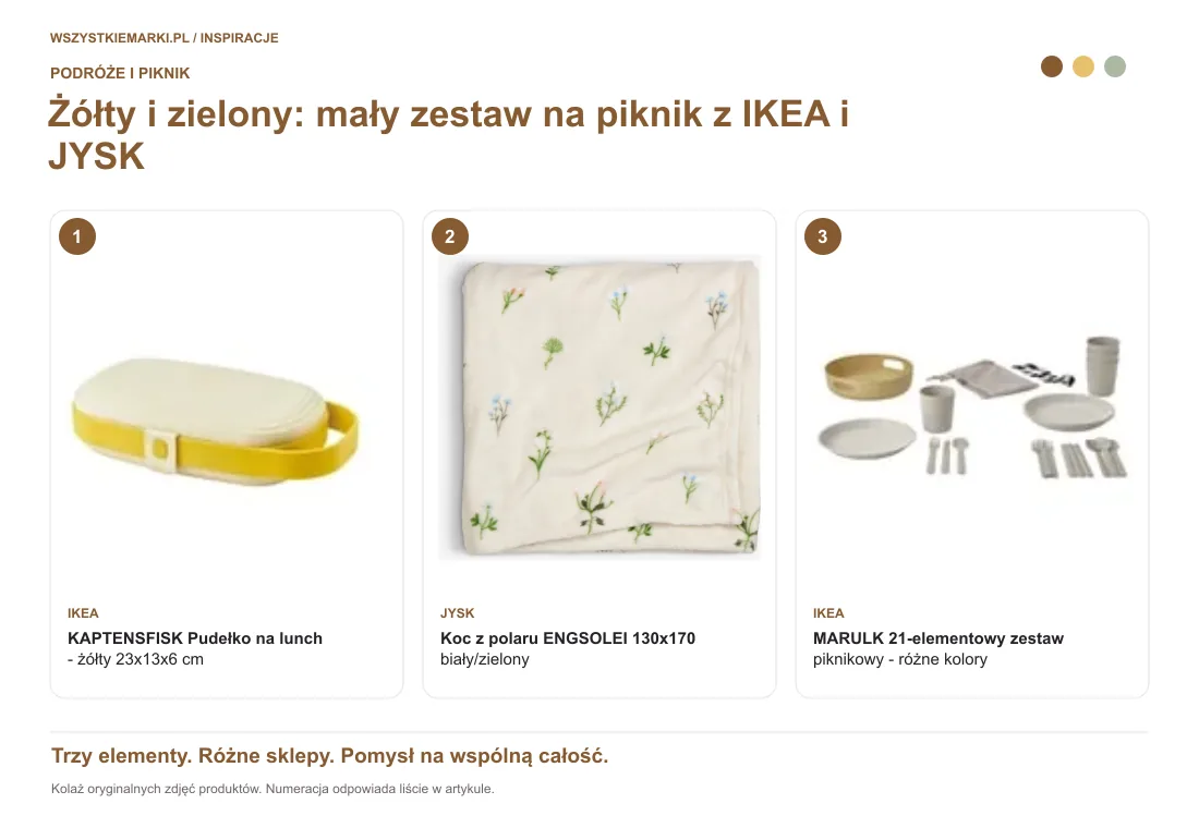 Kolaż oryginalnych zdjęć: KAPTENSFISK Pudełko na lunch - żółty 23x13x6 cm z IKEA; Koc z polaru ENGSOLEI 130x170 biały/zielony z JYSK; MARULK 21-elementowy zestaw piknikowy - różne kolory z IKEA.