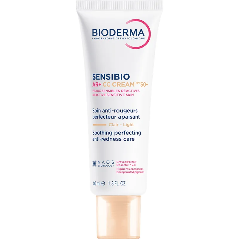 Tubka Bioderma Sensibio AR+ CC Cream SPF 50+ na białym tle.