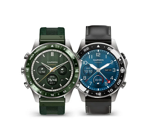 Zielony i niebieski zegarek Garmin na oficjalnym zdjęciu produktowym.