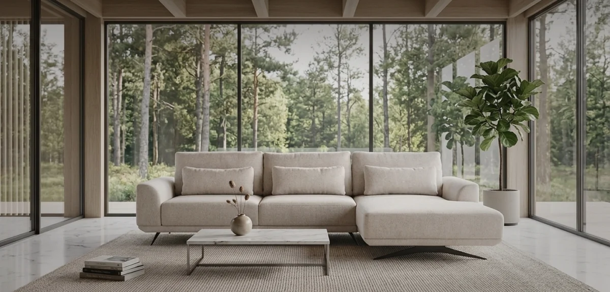 Jasna sofa Wajnert w przeszklonym salonie z widokiem na zieleń.